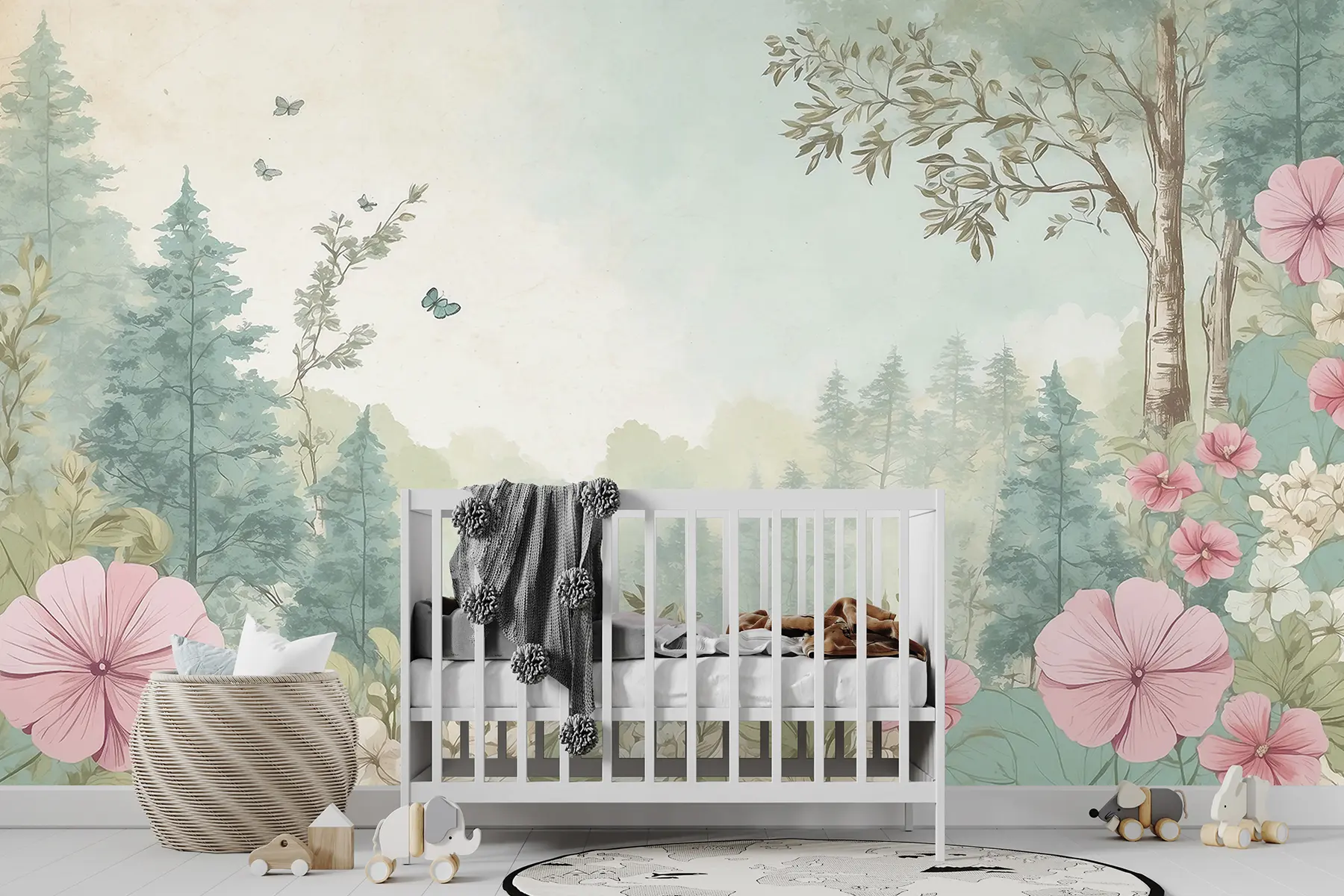 Papier peint Forêt magique avec des fleurs et des pins, conte de fées, rêve u99567