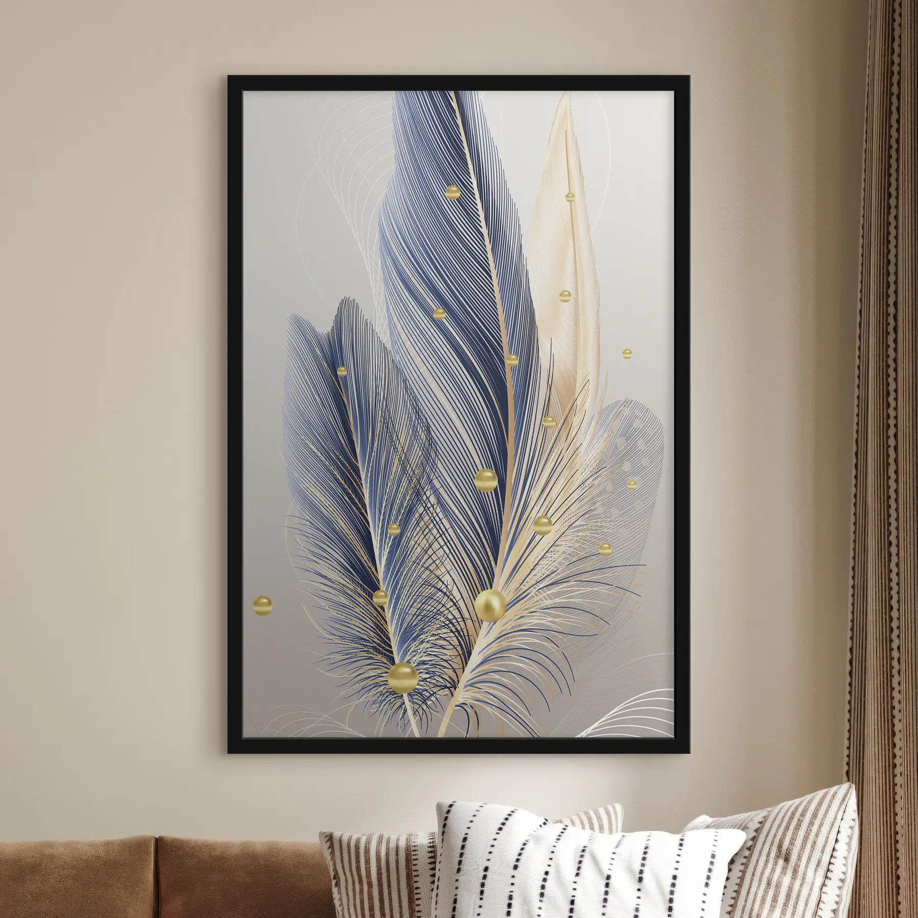 Papier peint Plumes bleu-or avec perles dorées f36325