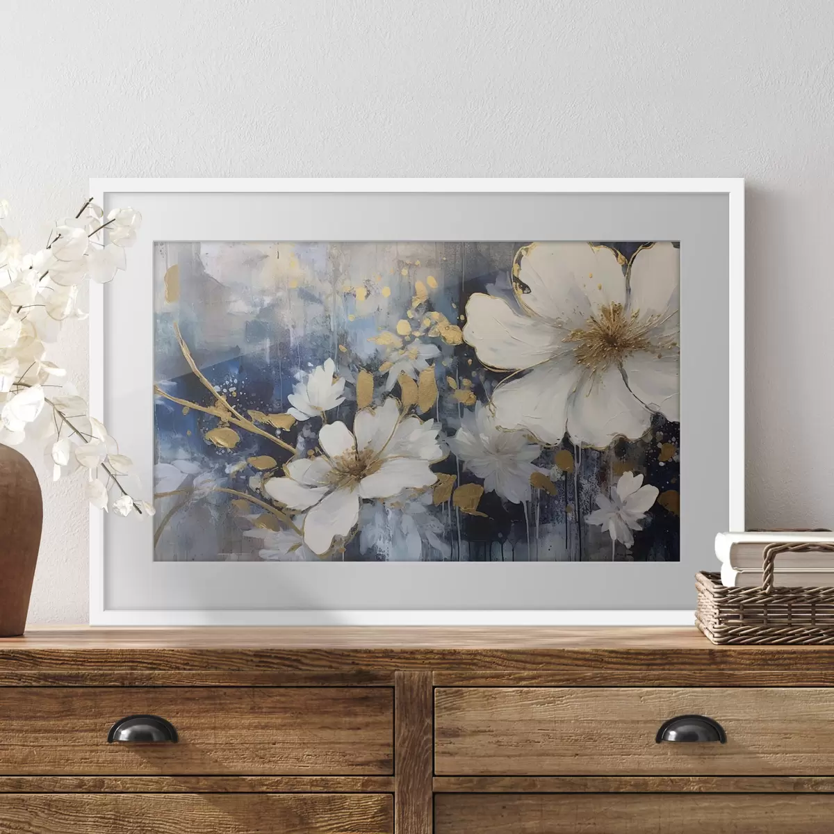 Poster Fleurs blanches, silence bleu f35526