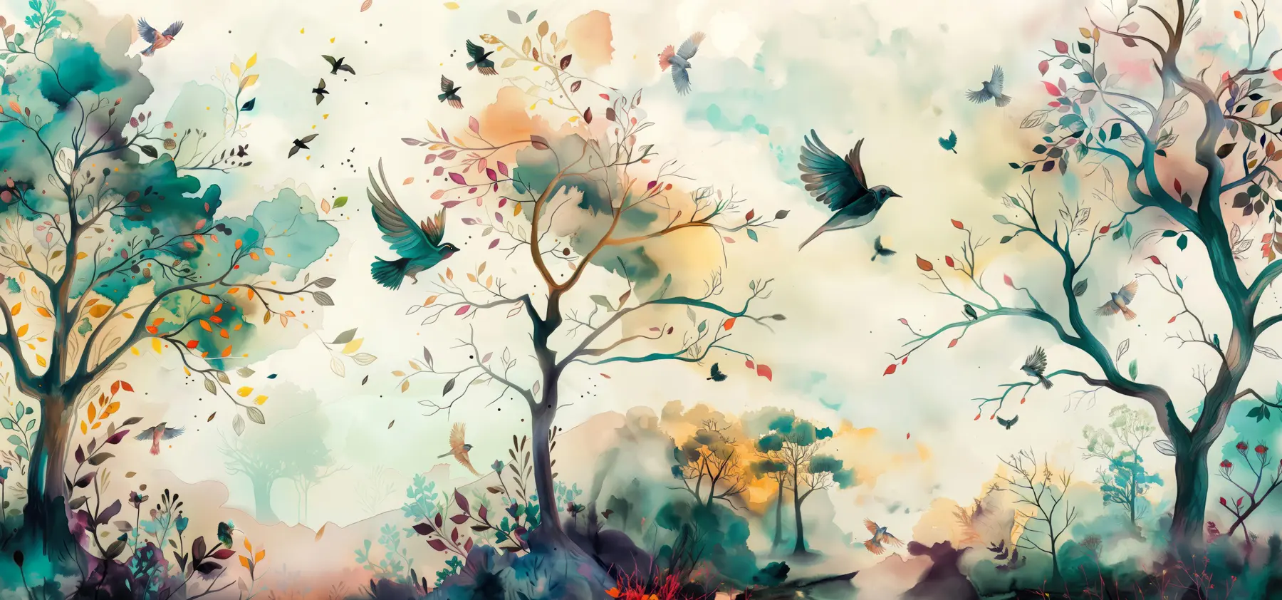 Papier peint Couleurs d'oiseaux sur des branches d'automne u99612