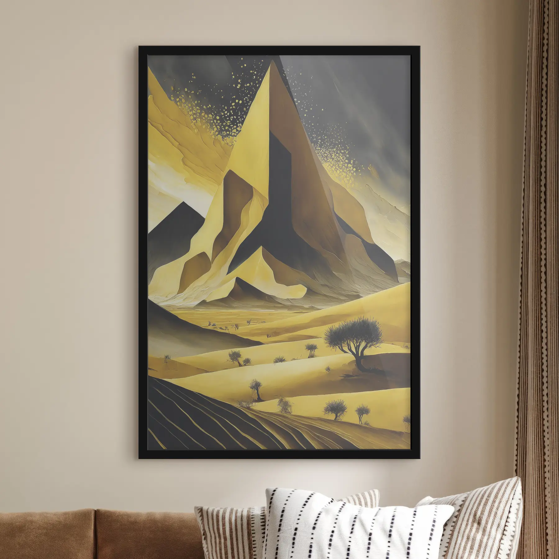 Papier peint Art géométrique doré, abstraction cosmique, futuriste, désert avec rochers f37365