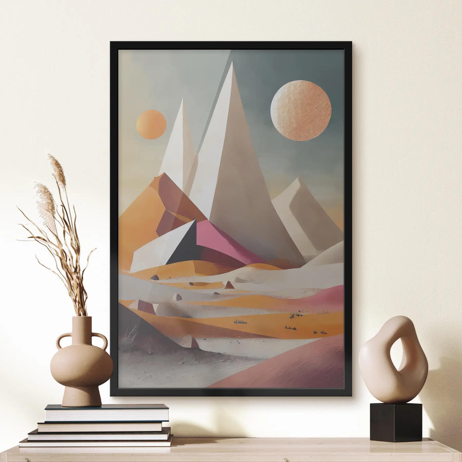 Papier peint Art géométrique, abstraction, rose et orange, cosmique, désert avec rochers f37370