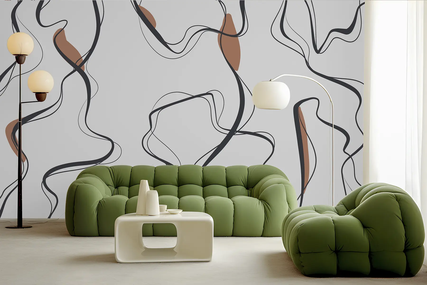 Papier peint Dessin à l'encre, motif abstrait, lignes géométriques, gris et orange u99659v3