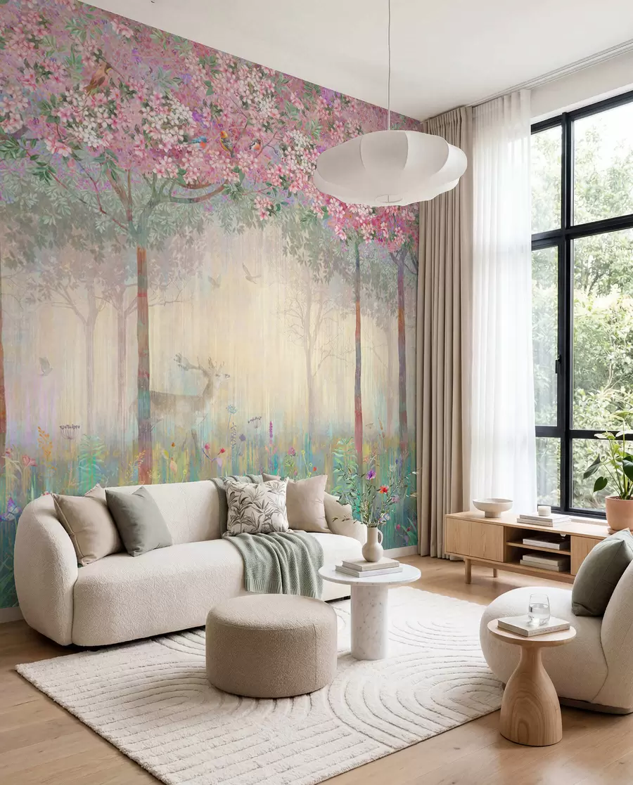 Papier peint Arbres à fleurs avec de longs troncs, cerfs entre les arbres u62100d2