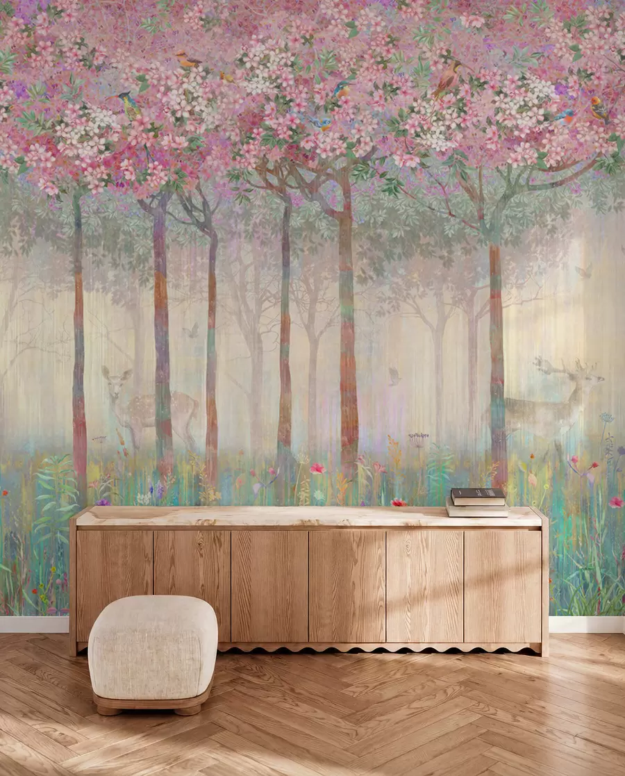 Papier peint Arbres à fleurs avec de longs troncs, cerfs entre les arbres u62100d2