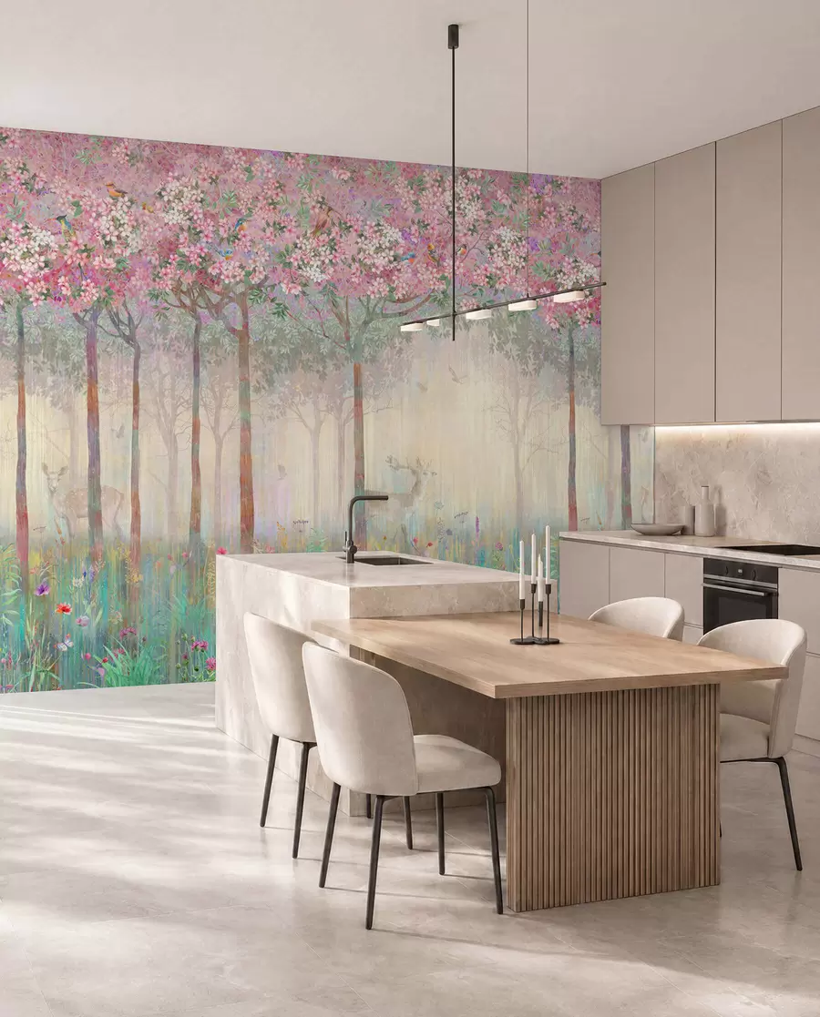 Papier peint Arbres à fleurs avec de longs troncs, cerfs entre les arbres u62100d2